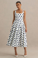 Berta | White And Navy Polka-Dot Square-Neck Midi Dress