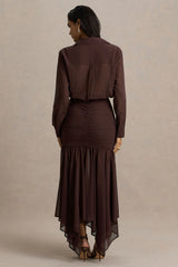 Kris | Brown Plunge-Neck Maxi Dress With Ruched Detailing