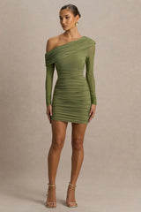 Gina | Olive Asymmetric-Neck Ruched Mini Dress
