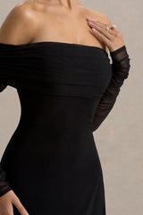 Flatter Me | Black Bardot Midi Dress With Mesh Sleeves