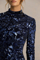 Alanita | Navy Velvet And Sequin Embellished High-Neck Midi Dress With Long Sleeves
