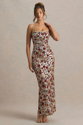 Vitora | Red Floral Embellished Sequin Square-Neck Maxi Dress