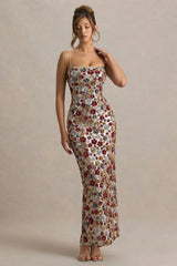 Vitora | Red Floral Embellished Sequin Square-Neck Maxi Dress