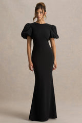 Carolina | Black Puff-Sleeve Maxi Dress With White Bow Detail