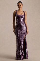 High Life | Plum Sequin Square-Neck Maxi Dress With Front-High Split