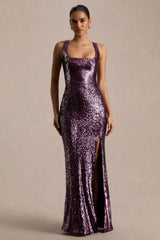 High Life | Plum Sequin Square-Neck Maxi Dress With Front-High Split
