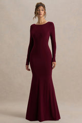 Estelle | Burgundy Boat-Neck Maxi Dress With Open-Back And Lace Detail
