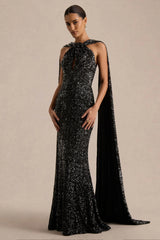 Renelle | Black Sequin Halter Neck Maxi Dress