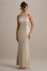 Bianca | Champagne Satin Feather-Trim Maxi Dress