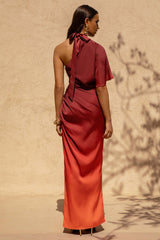Coralie | Red and Orange Ombre Satin Asymmetric Maxi Dress