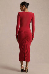 Ivara | Red Plunge-Neck Maxi Dress With Ruched Detailing And Sash