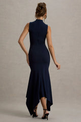 Janice | Navy High-Neck Hanky-Hem Maxi Dress