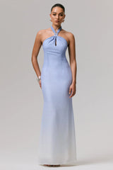 Sharni | Blue Ombre Chiffon Halter-Neck Maxi Dress