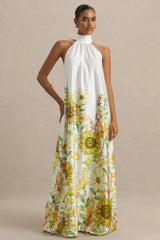 Glide | Sunflower Print Satin High-Neck Slip Maxi Dress