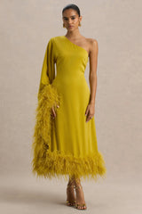 Destiny | Yellow Satin Asymmetric-Neck Midi Dress With Feather Details