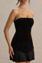 Valentina | Black Velvet Bandeau Mini Dress With Pleated Detailing