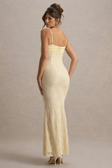 Felicia | Pale Lemon Satin Sweetheart Maxi Dress With Lace Details