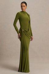 Melissa | Olive Long-Sleeve Wrap Maxi Dress With Draped Detailing