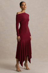 Isola | Burgundy Asymmetric-Neck Midi Dress With Hanky-Hem