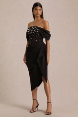 Sylvia | Black Hand-Embellished Bardot-Neck Midi Dress With Draped Satin-Wrap Skirt