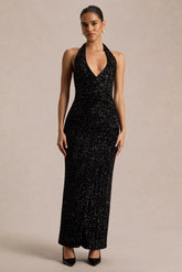 Gio | Black Sequin Plunge-Neck Wrap Maxi Dress With Ruched Detailing