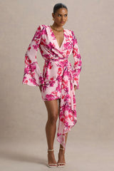 Goldie | Pink Floral Print Chiffon Long-Sleeve Wrap Mini Dress