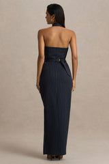 Eve | Navy Pinstripe Plunge-Neckline Tailored Maxi Dress