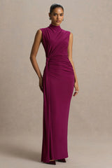 Solene | Burgundy High-Neck Maxi Dress With Wrap And Drape Detail
