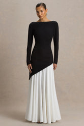 Caty | Black And White Long-Sleeved Maxi Dress With Oversized Bow And Ruffled Detailing