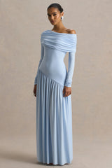 Farah | Powder Blue Asymmetric-Neck Maxi Dress With Drop Waist And Ruched Detailing