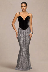 Aeris | Black Velvet And Silver Sequin Plunge-Neck Maxi Dress