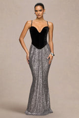 Aeris | Black Velvet And Silver Sequin Plunge-Neck Maxi Dress
