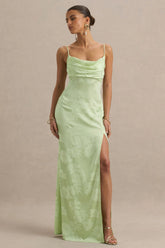 Maddie | Light Green Floral Print Satin Cowl-Neck Maxi Dress