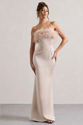Dress For It | Champagne Satin Feather Trim Bandeau Maxi Dress
