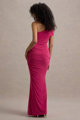 Alethea | Hot Pink Asymmetric Bardot Maxi Dress