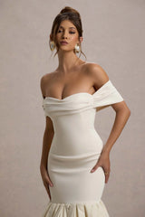 Posie | Stone Bardot Midi Dress With Puffball Hem