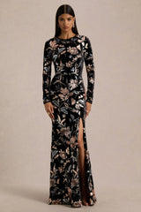Lyric | Black Floral Velvet And Sequin Embellished Crew-Neck Maxi Dress