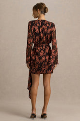 Lindsey | Black And Rust Plunge-Neck Wrap Mini Dress With Bell Sleeves And Sash Detail