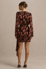 Lindsey | Black And Rust Plunge-Neck Wrap Mini Dress With Bell Sleeves And Sash Detail
