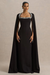 Glossy | Black Woven Square-Neck Maxi Dress With Cape Sleeves and Hand-Embellished Detail