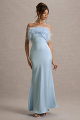 Dress For It | Powder Blue Satin Feather Trim Bandeau Maxi Dress