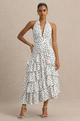 Violet | White Polka Dot Midi Dress With Halter-Neck and Ruffled Skirt