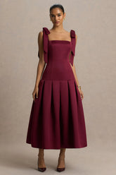 Alberta | Burgundy Satin Square-Neck Midi Dress With Bow Straps