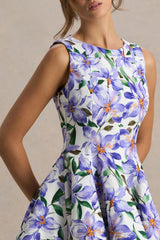 Gabrielle | Purple Lily Print Boat-Neck Skater Mini Dress