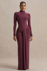 Myra | Burgundy High-Neck Maxi Dress With Sash and Ruched Detailing
