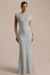 Aurah | Silver Sequin Crew-Neck Maxi Dress With Cap Sleeves