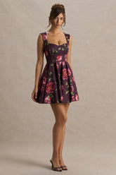 Magic | Burgundy Floral Print Sweetheart-Neck Mini Dress.
