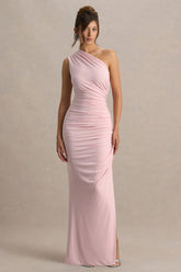 Daphne | Pink Asymmetric-Neck Maxi Dress With Ruched Detailing