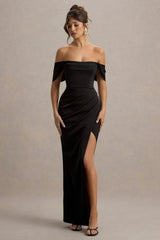 Annie | Black Satin Bardot Maxi Dress With Split Wrap Skirt