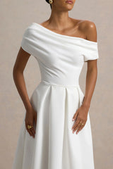 Demi | White Asymmetric-Neck Midi Dress